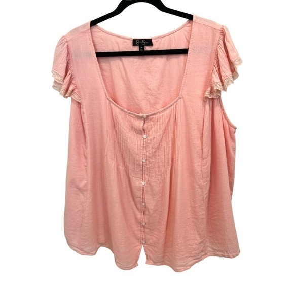 Jessica Simpson Plus Size Pink Ruffle Sleeve Pin Tucked Tie Back Top Size 2X - Picture 1 of 4
